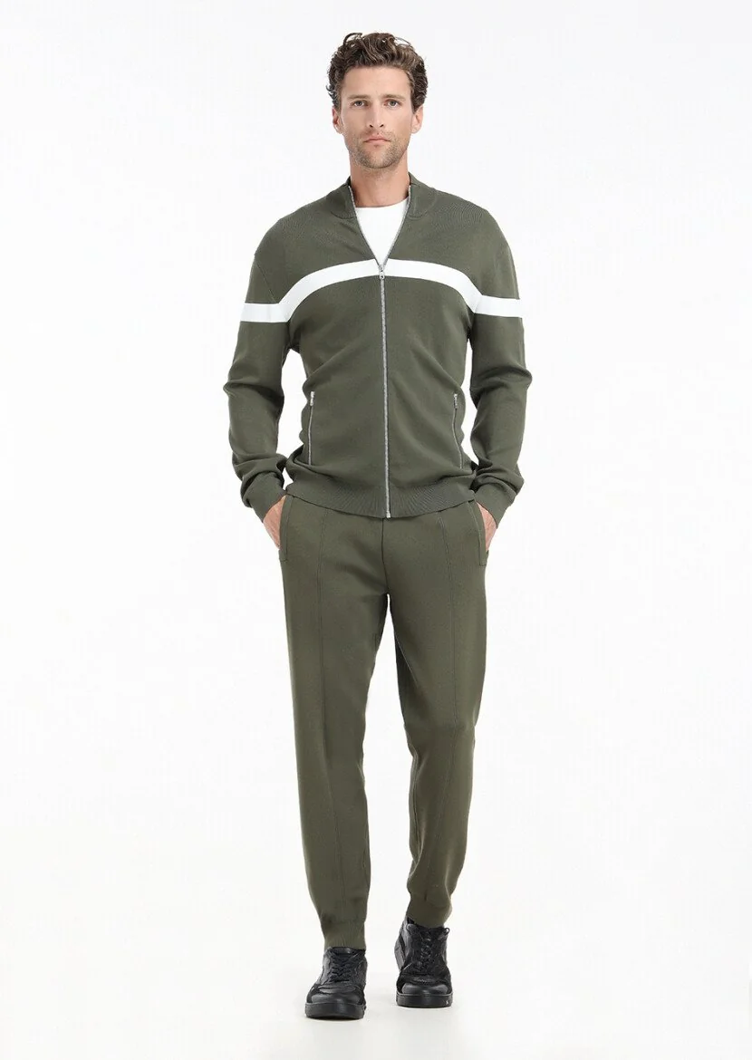 Khaki Mock-Turtleneck Plain Knitting Cardigan - 1