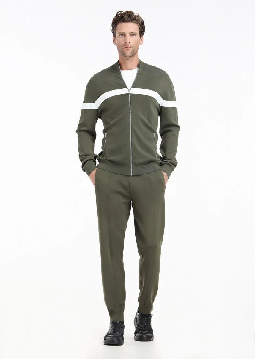 Khaki Mock-Turtleneck Plain Knitting Cardigan - 1