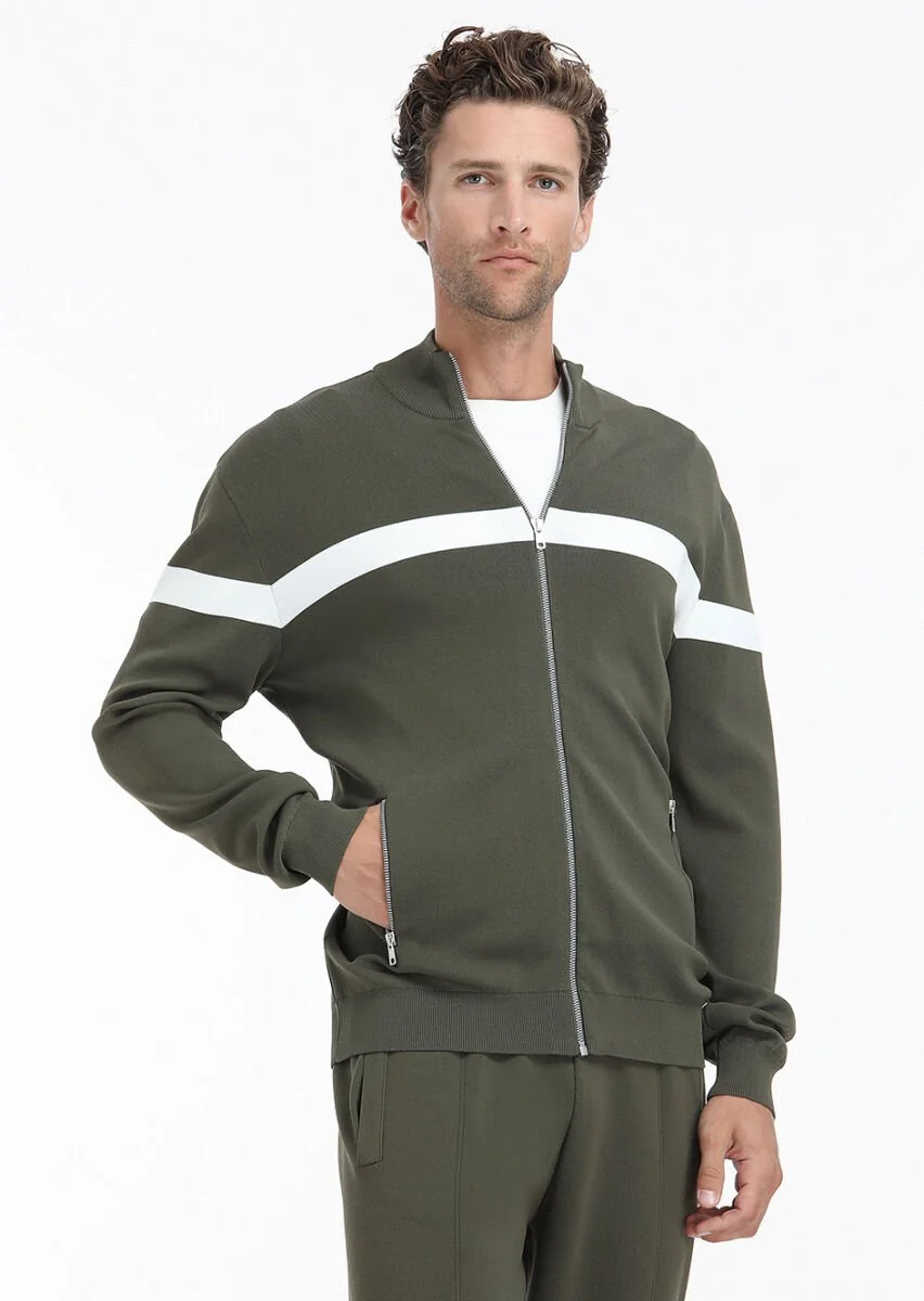 Khaki Mock-Turtleneck Plain Knitting Cardigan - 2