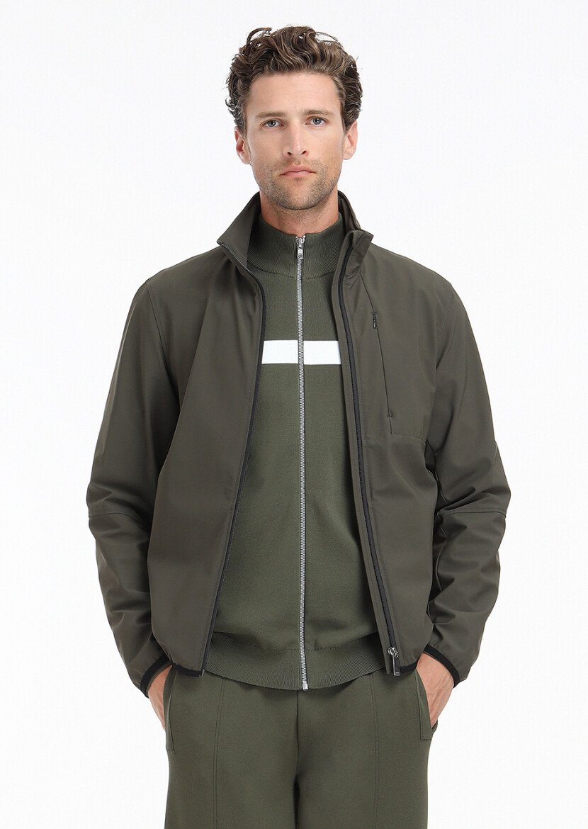 Khaki Mock-Turtleneck Plain Knitting Cardigan - 4