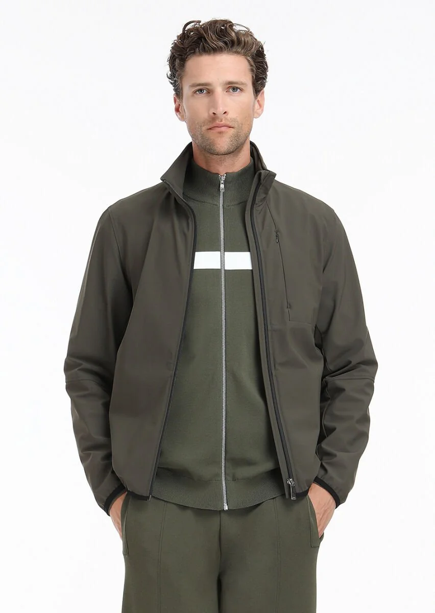 Khaki Mock-Turtleneck Plain Knitting Cardigan - 4