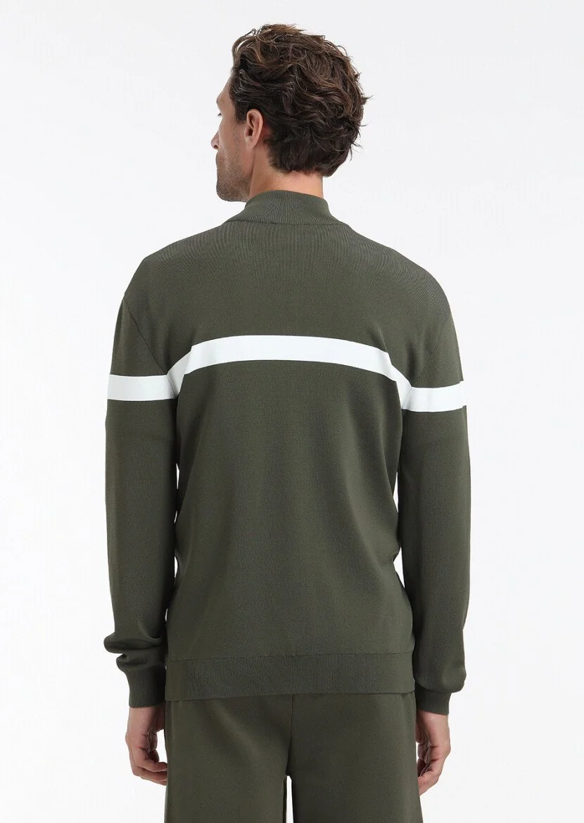 Khaki Mock-Turtleneck Plain Knitting Cardigan - 5