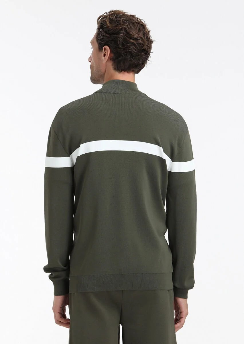 Khaki Mock-Turtleneck Plain Knitting Cardigan - 5