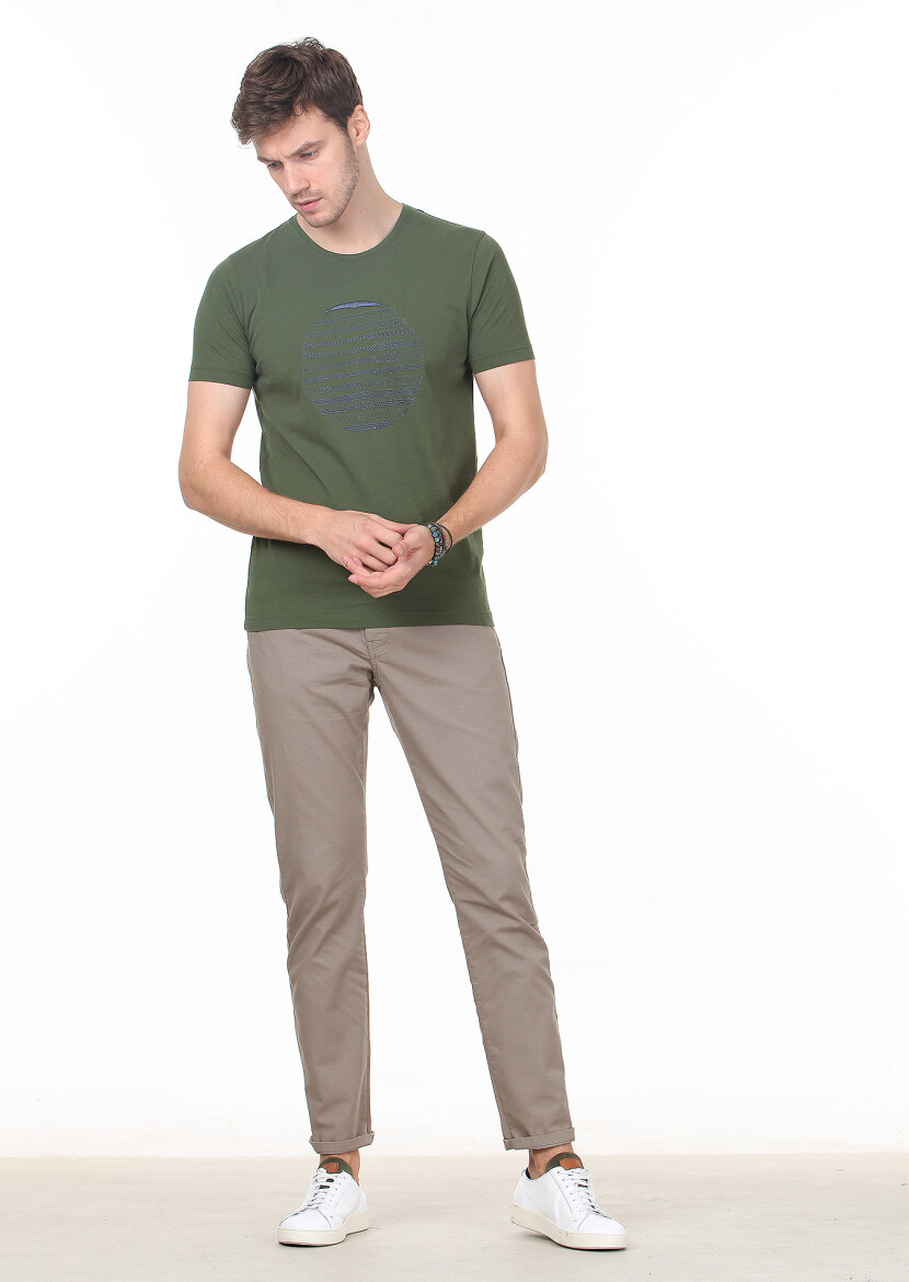 Khaki Patterned 100% Cotton T-Shirt - 3