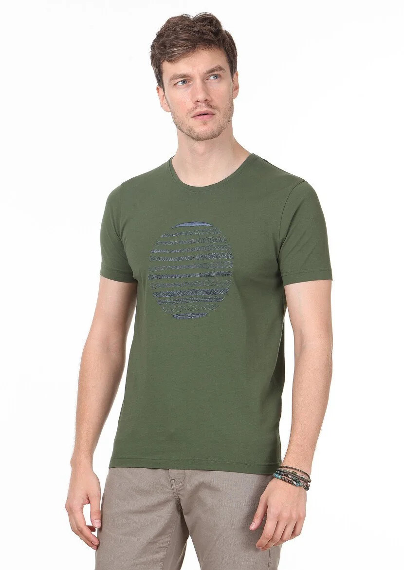 Khaki Patterned 100% Cotton T-Shirt - 1