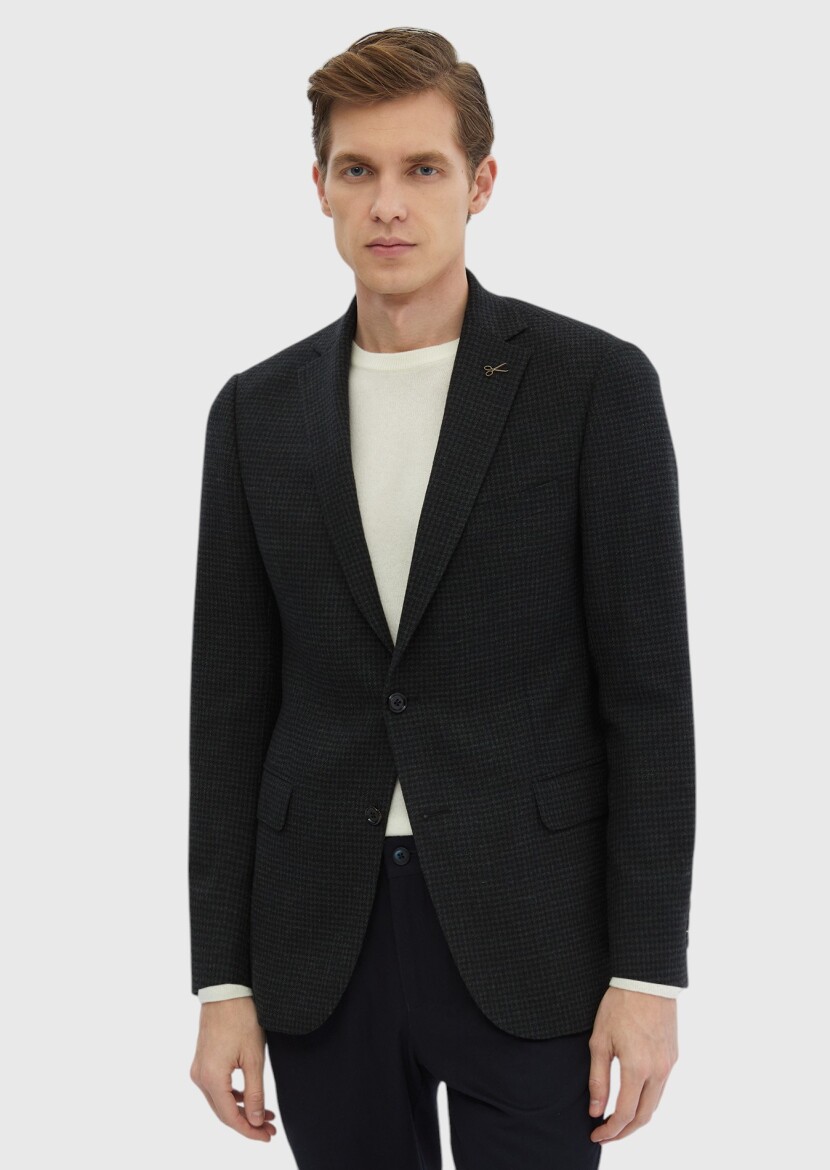 Khaki Patterned Regular Fit 100% Wool Jacket - RAMSEY