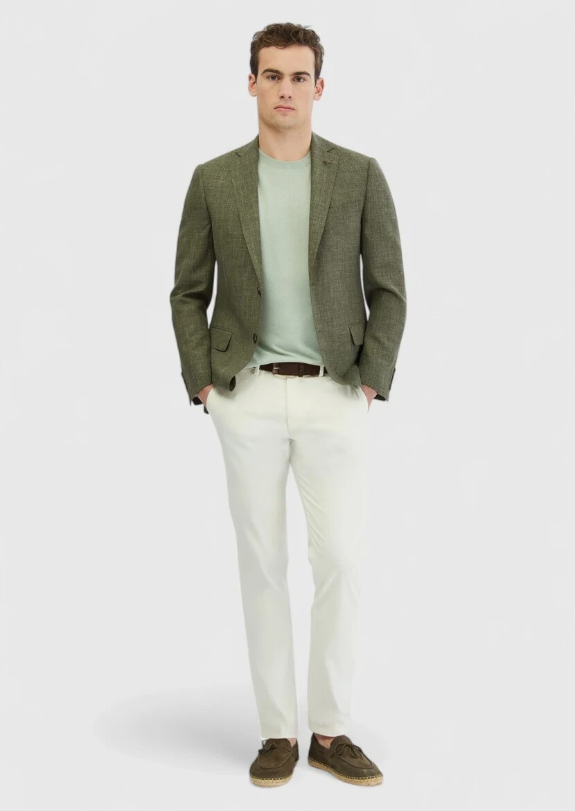 Khaki Patterned Regular Fit Silk Blended Jacket - RAMSEY