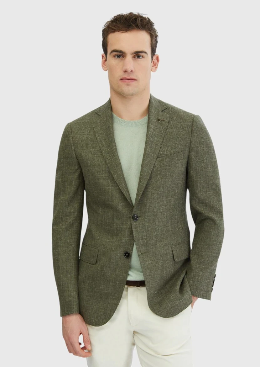 Khaki Patterned Regular Fit Silk Blended Jacket - RAMSEY