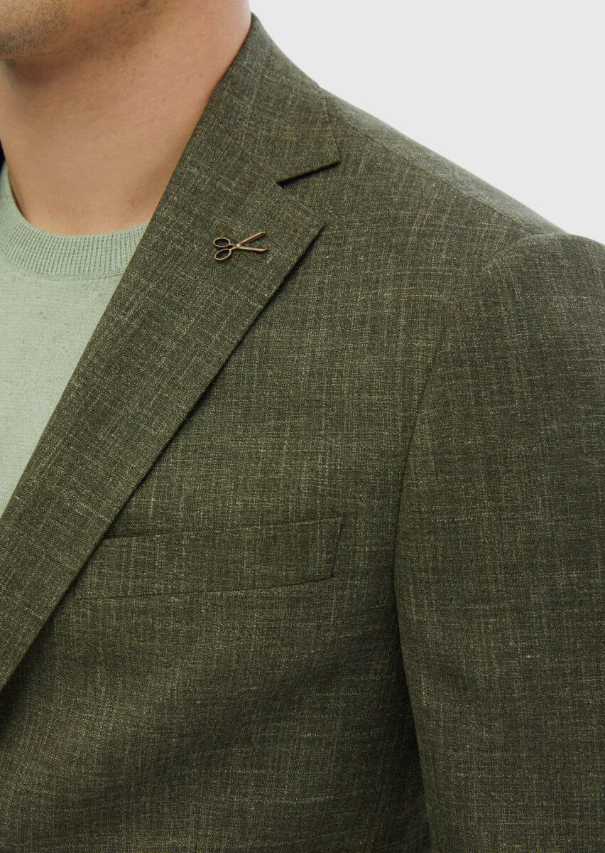 Khaki Patterned Regular Fit Silk Blended Jacket - 4