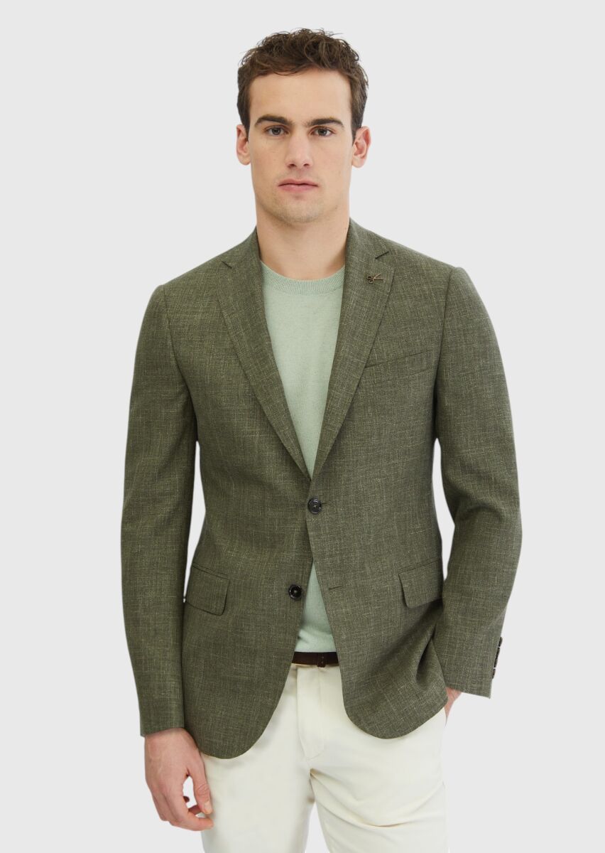 Khaki Patterned Regular Fit Silk Blended Jacket - 1