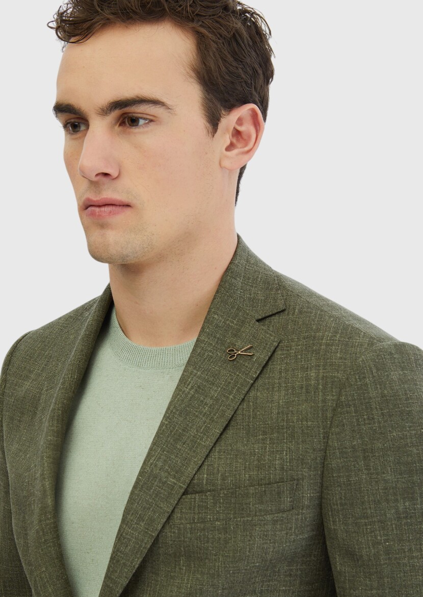 Khaki Patterned Regular Fit Silk Blended Jacket - 3