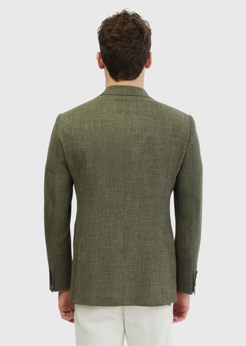 Khaki Patterned Regular Fit Silk Blended Jacket - 7