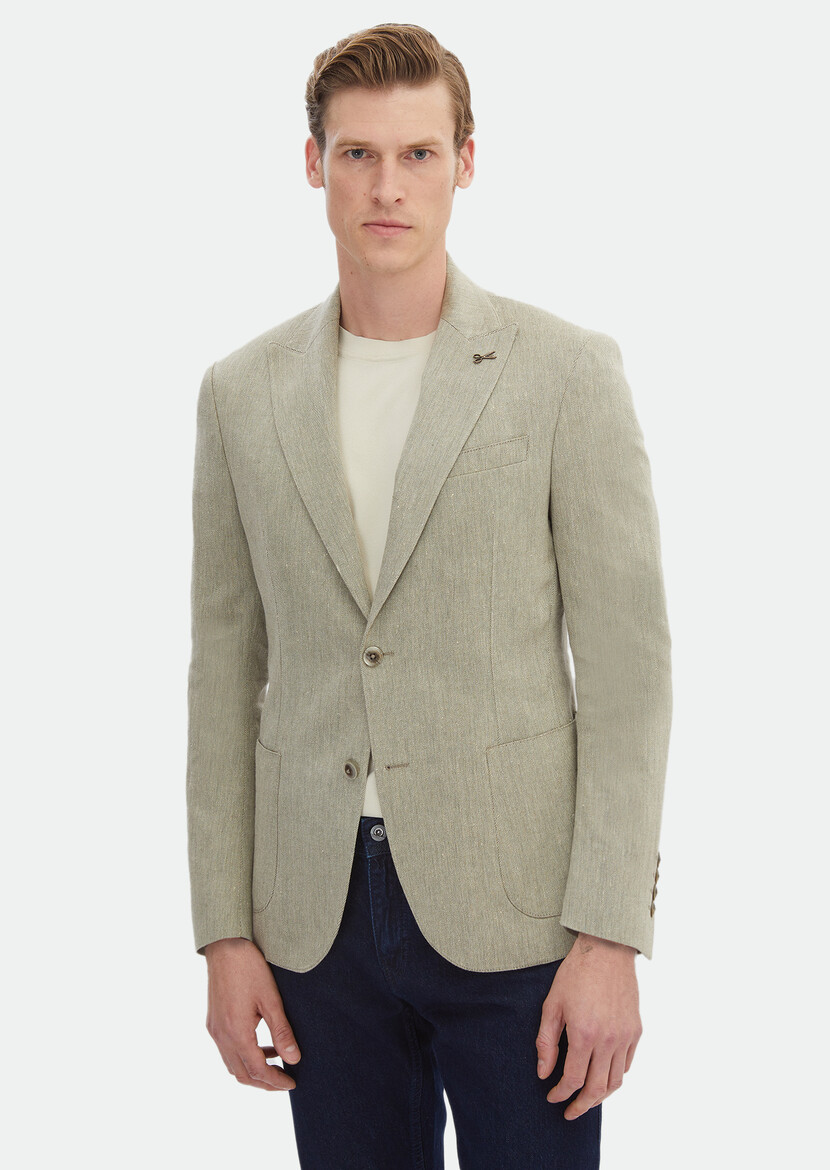 Khaki Patterned Zeroweight Slim Fit Cotton Blended Jacket - 1