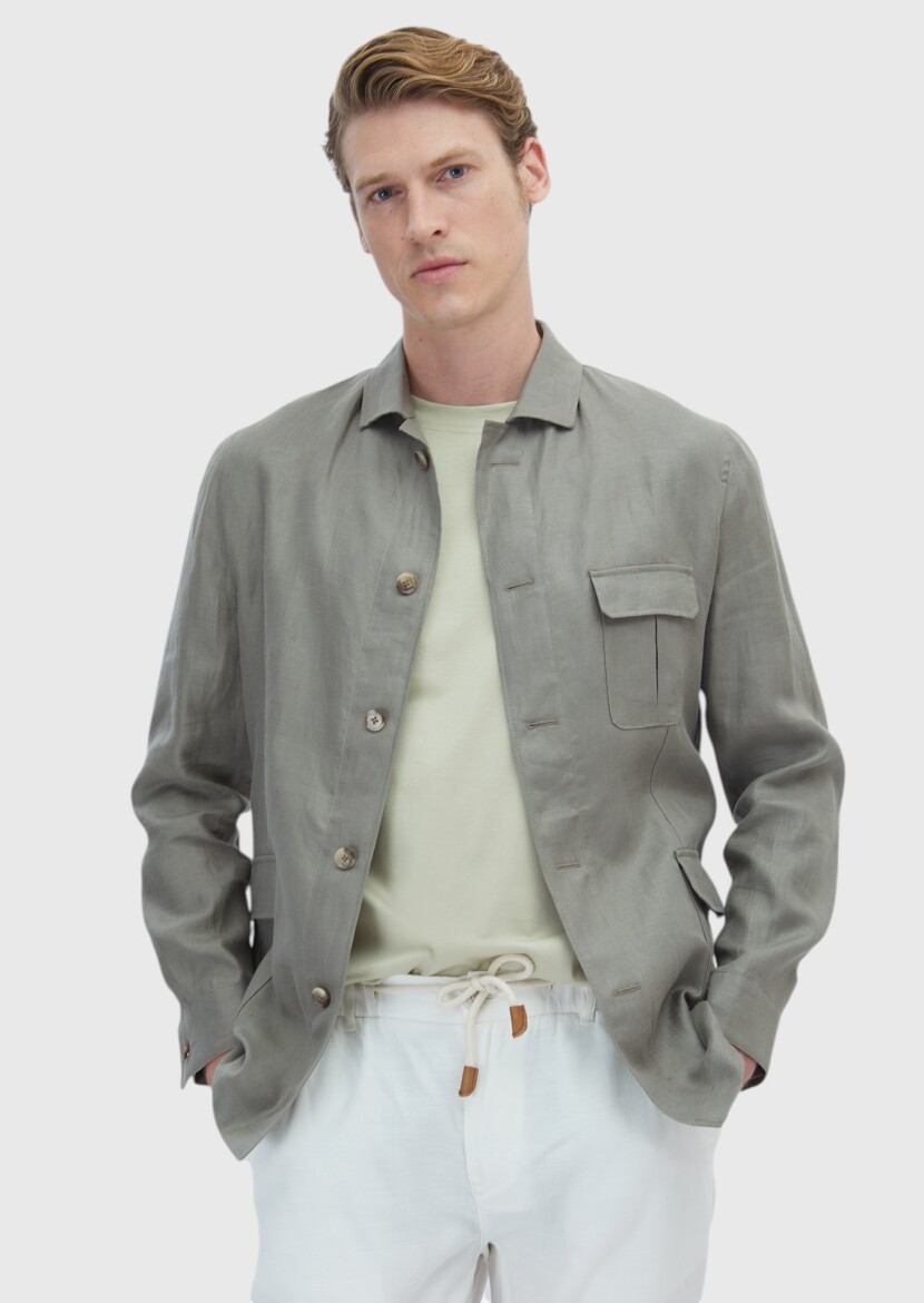 Khaki Plain Casual Fit Cotton Blended Jacket - 1