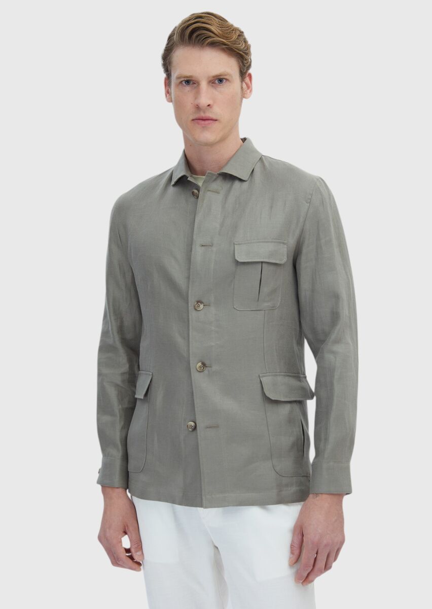 Khaki Plain Casual Fit Cotton Blended Jacket - 3