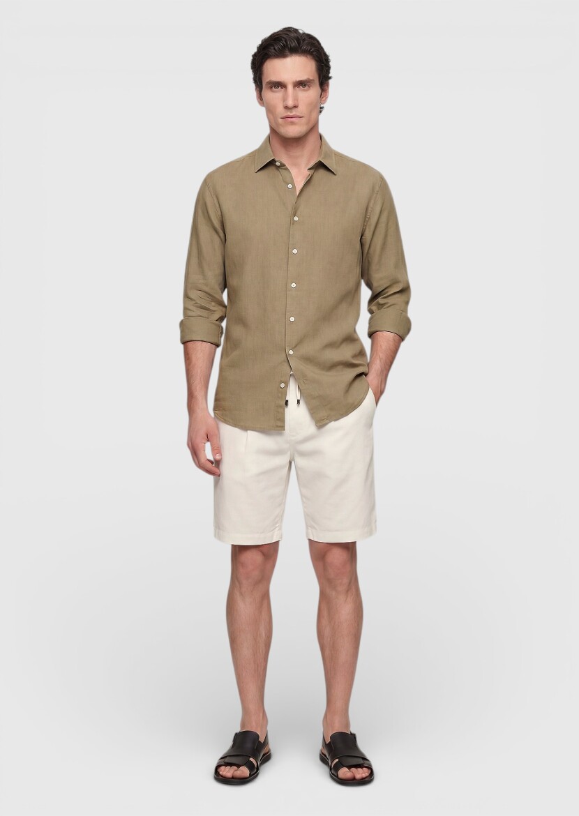 Khaki Plain Casual Fit Long Weaving Casual 100% Cotton Shirt - RAMSEY