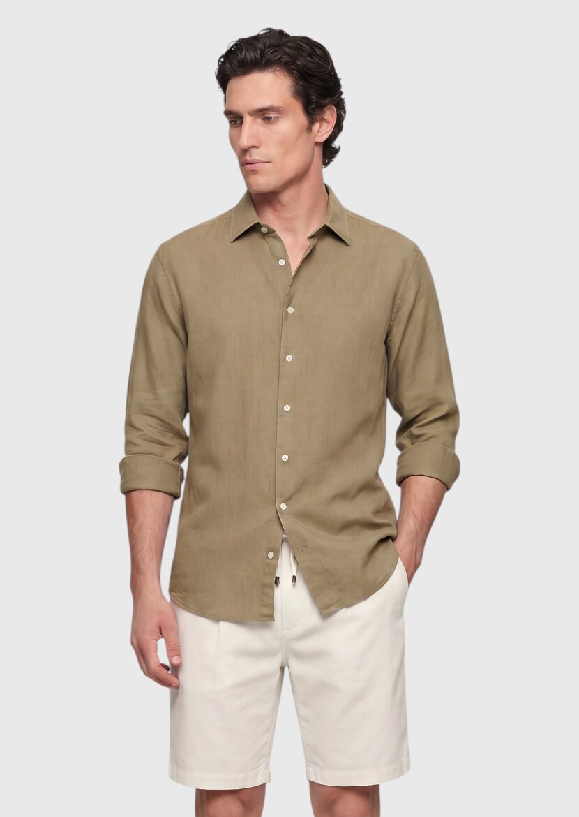 Khaki Plain Casual Fit Long Weaving Casual 100% Cotton Shirt - 3