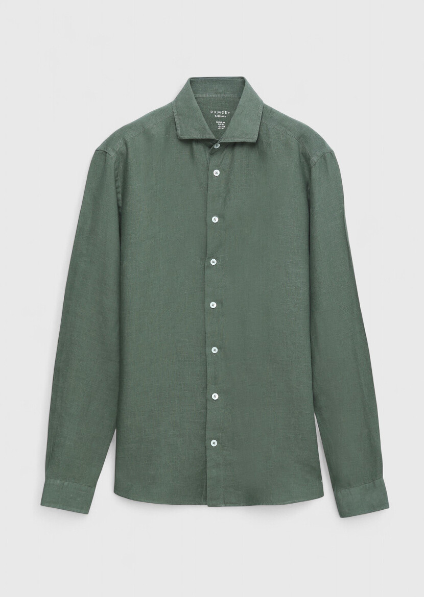 Khaki Plain Casual Fit Long Weaving Casual 100% Linen Shirt 