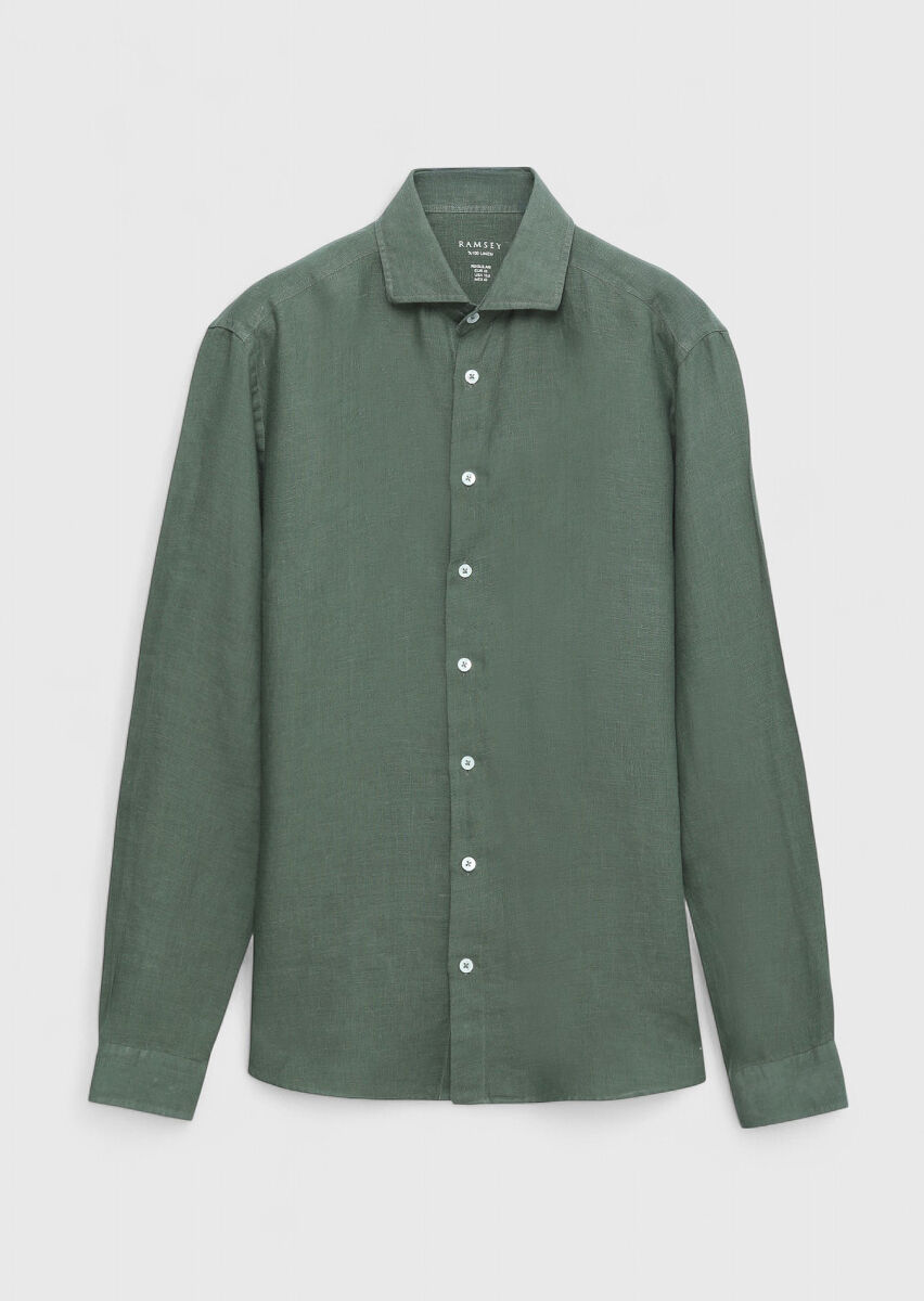 Khaki Plain Casual Fit Long Weaving Casual 100% Linen Shirt - 1