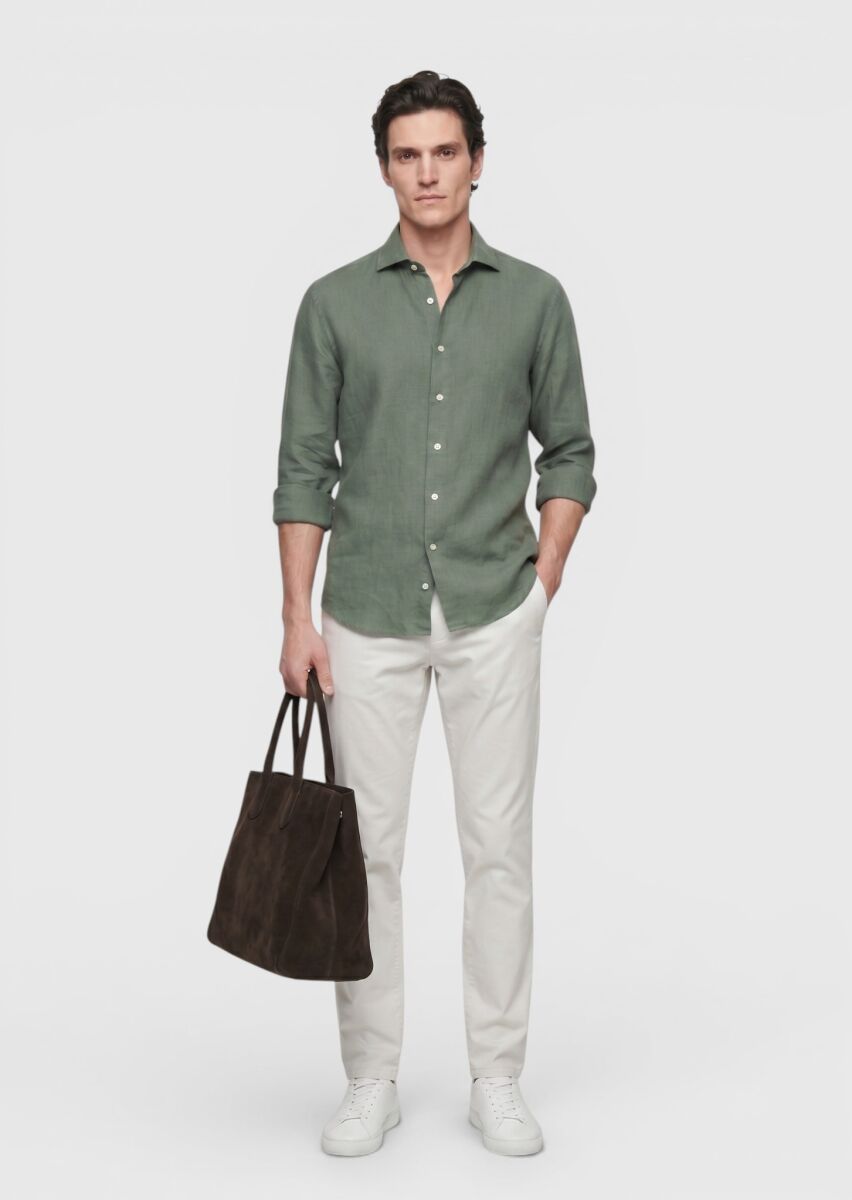 Khaki Plain Casual Fit Long Weaving Casual 100% Linen Shirt - 2