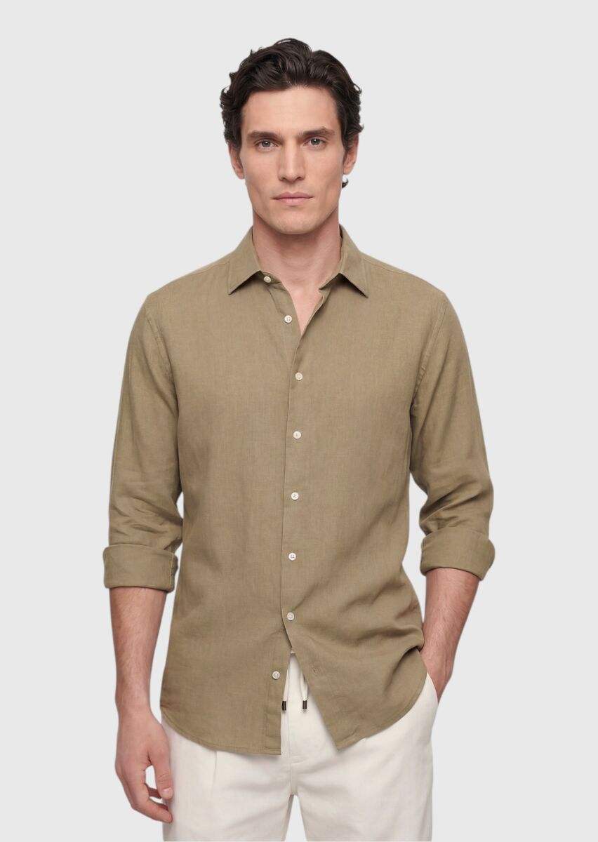 Khaki Plain Casual Fit Weaving Casual 100% Cotton Shirt - 1