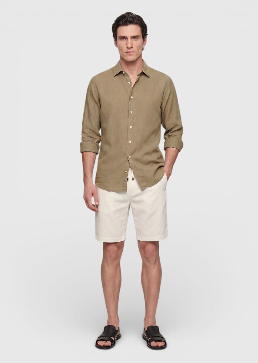 Khaki Plain Casual Fit Weaving Casual 100% Cotton Shirt - 2