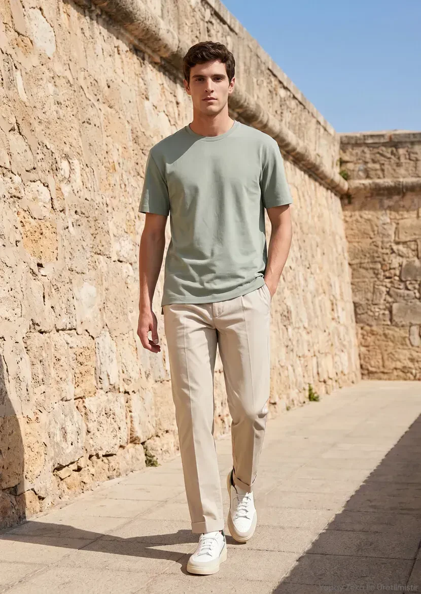 Khaki Plain Cotton Blended T-Shirt - RAMSEY