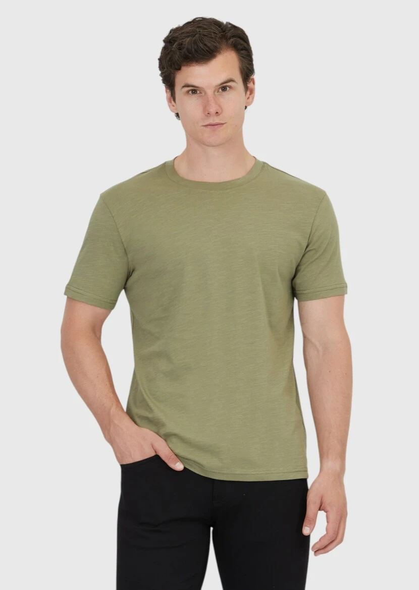 Khaki Plain Crew Neck 100% Cotton T-Shirt - RAMSEY