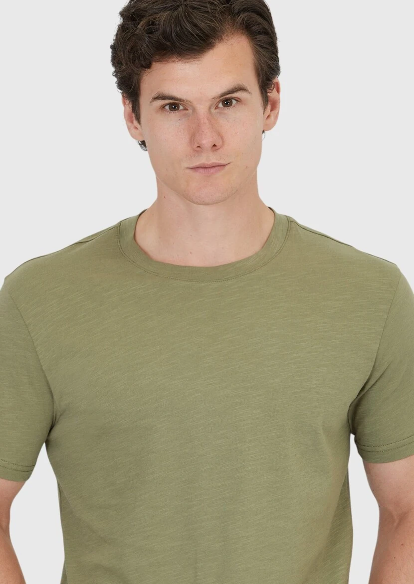 Khaki Plain Crew Neck 100% Cotton T-Shirt - 4