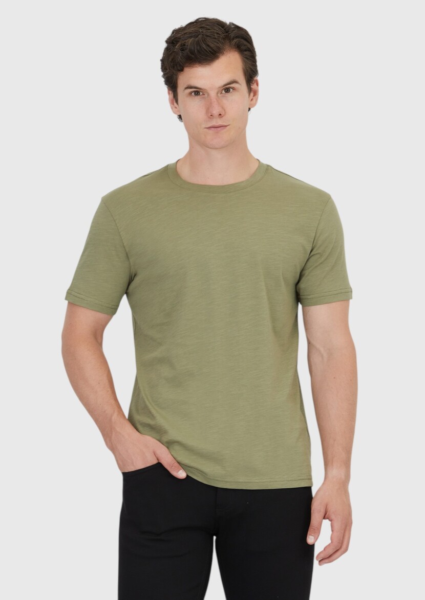 Khaki Plain Crew Neck 100% Cotton T-Shirt - 1