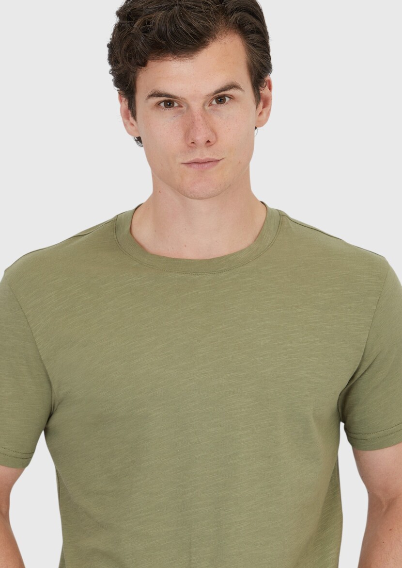 Khaki Plain Crew Neck 100% Cotton T-Shirt - 4