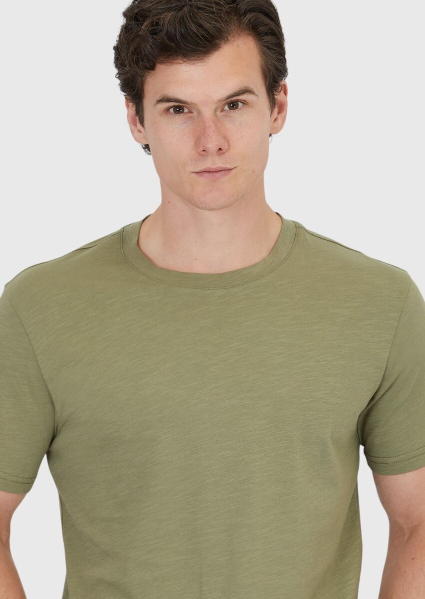 Khaki Plain Crew Neck 100% Cotton T-Shirt - 4