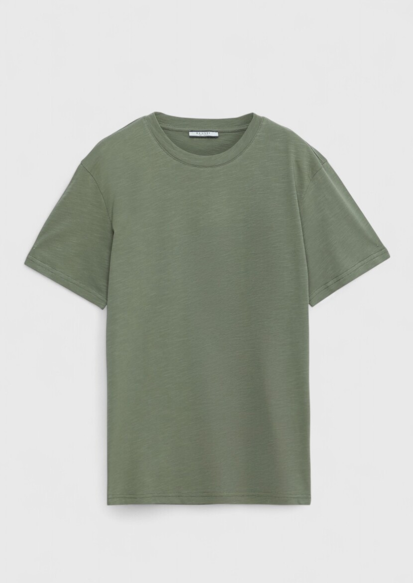 Khaki Plain Crew Neck 100% Cotton T-Shirt - 6