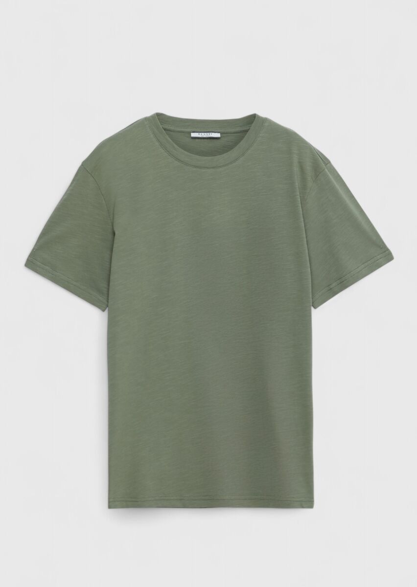 Khaki Plain Crew Neck 100% Cotton T-Shirt - 6