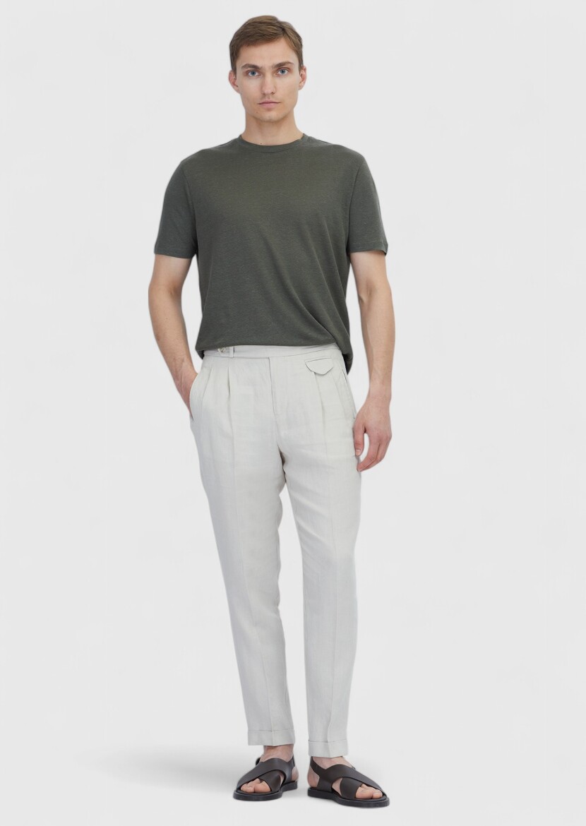 Khaki Plain Crew Neck 100% Linen T-Shirt - RAMSEY