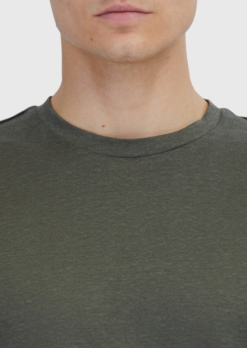 Khaki Plain Crew Neck 100% Linen T-Shirt - 5