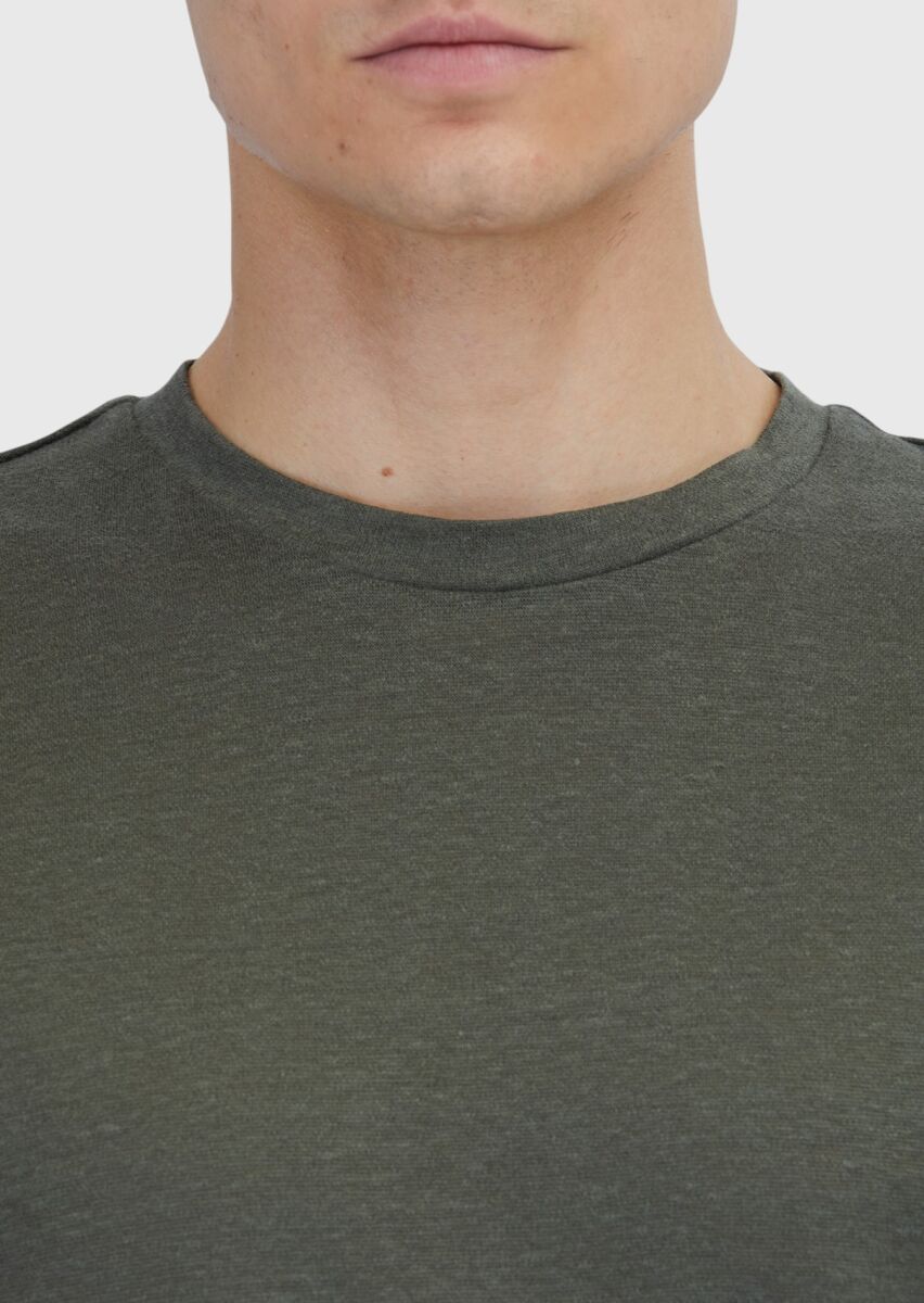 Khaki Plain Crew Neck 100% Linen T-Shirt - 5