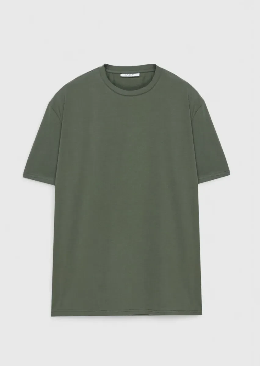 Khaki Plain Crew Neck Cotton Blended T-Shirt - 1