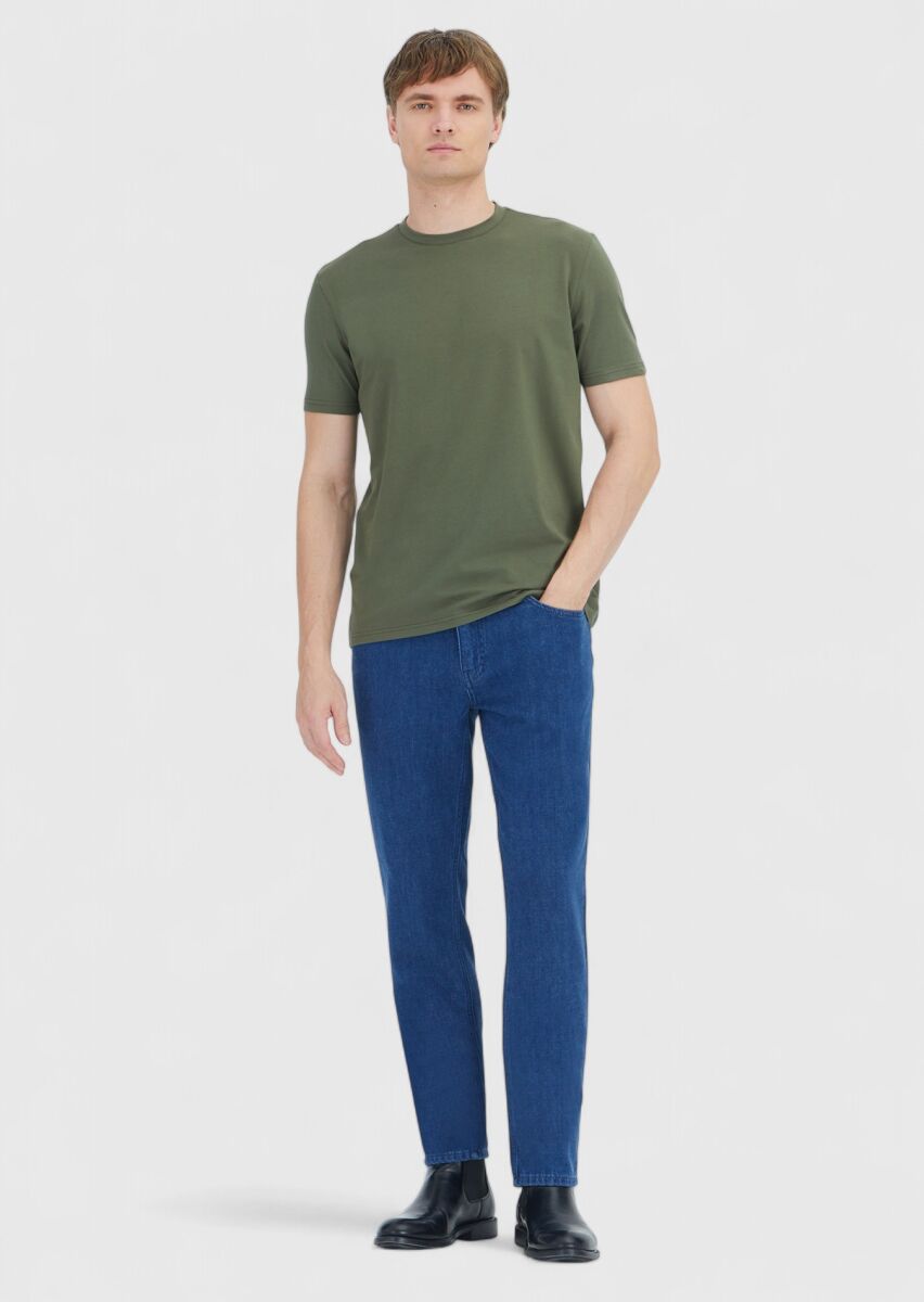 Khaki Plain Crew Neck Cotton Blended T-Shirt - 2