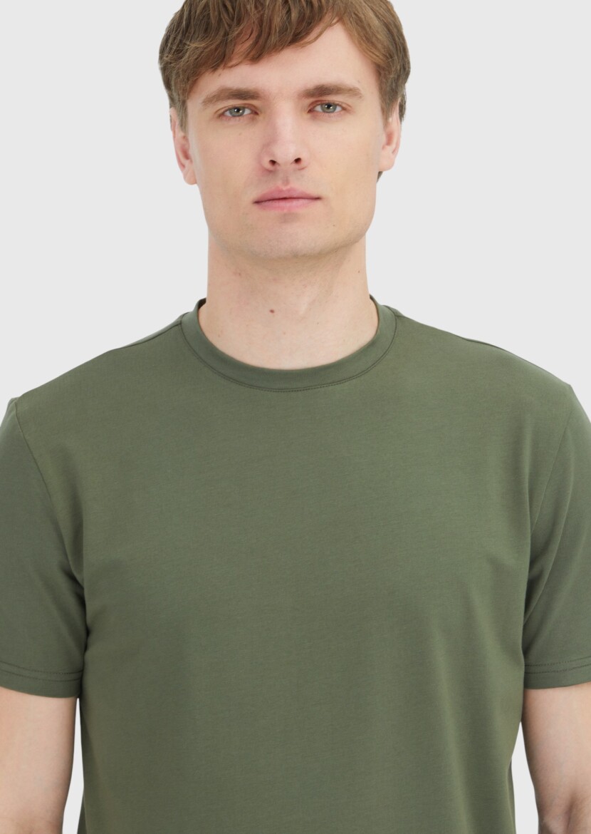 Khaki Plain Crew Neck Cotton Blended T-Shirt - 3