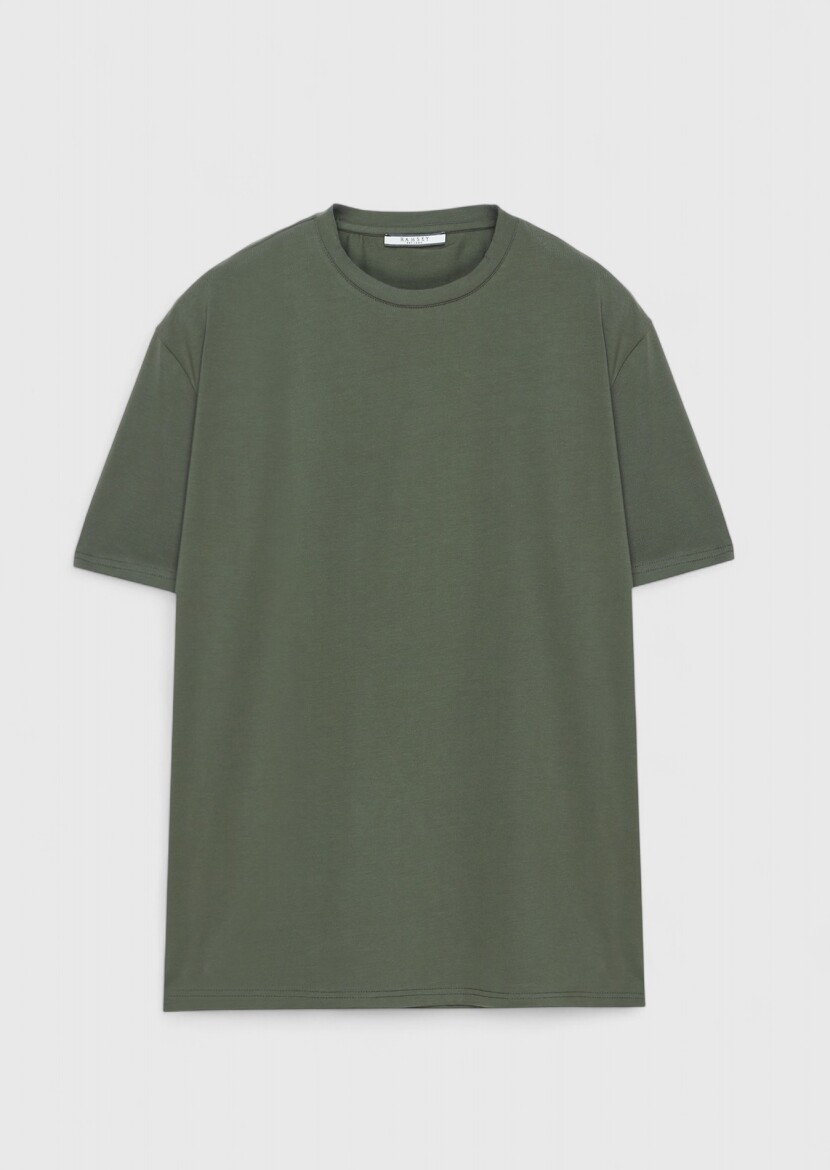 Khaki Plain Crew Neck Cotton Blended T-Shirt - 6