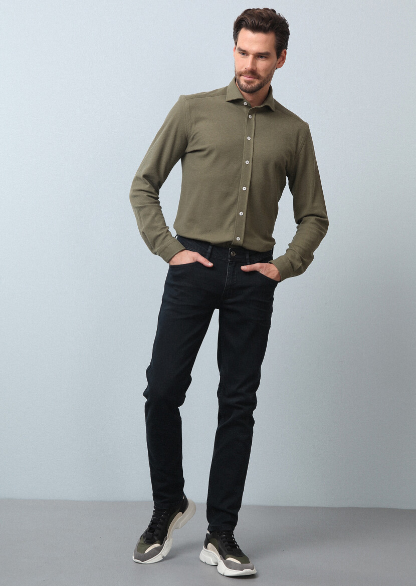 Khaki Plain Fitted Fit Knitting Casual 100% Cotton Shirt - 4