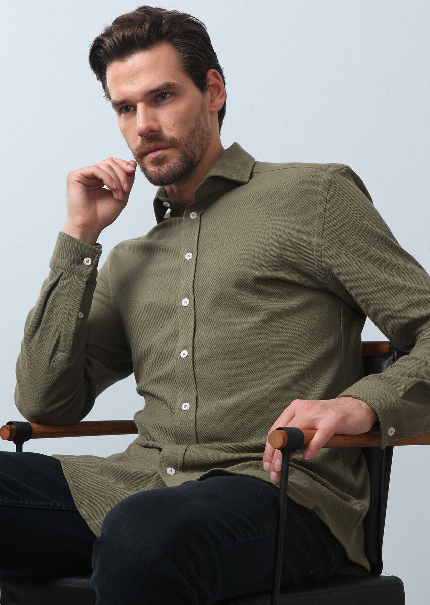 Khaki Plain Fitted Fit Long Knitting Casual 100% Cotton Shirt - 1
