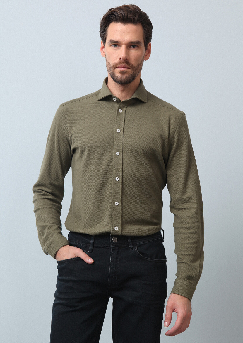 Khaki Plain Fitted Fit Long Knitting Casual 100% Cotton Shirt 