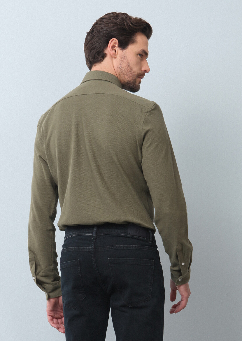 Khaki Plain Fitted Fit Long Knitting Casual 100% Cotton Shirt - 5