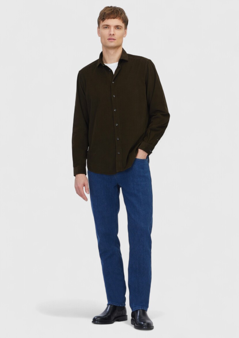 Khaki Plain Long Weaving Casual 100% Cotton Shirt - RAMSEY