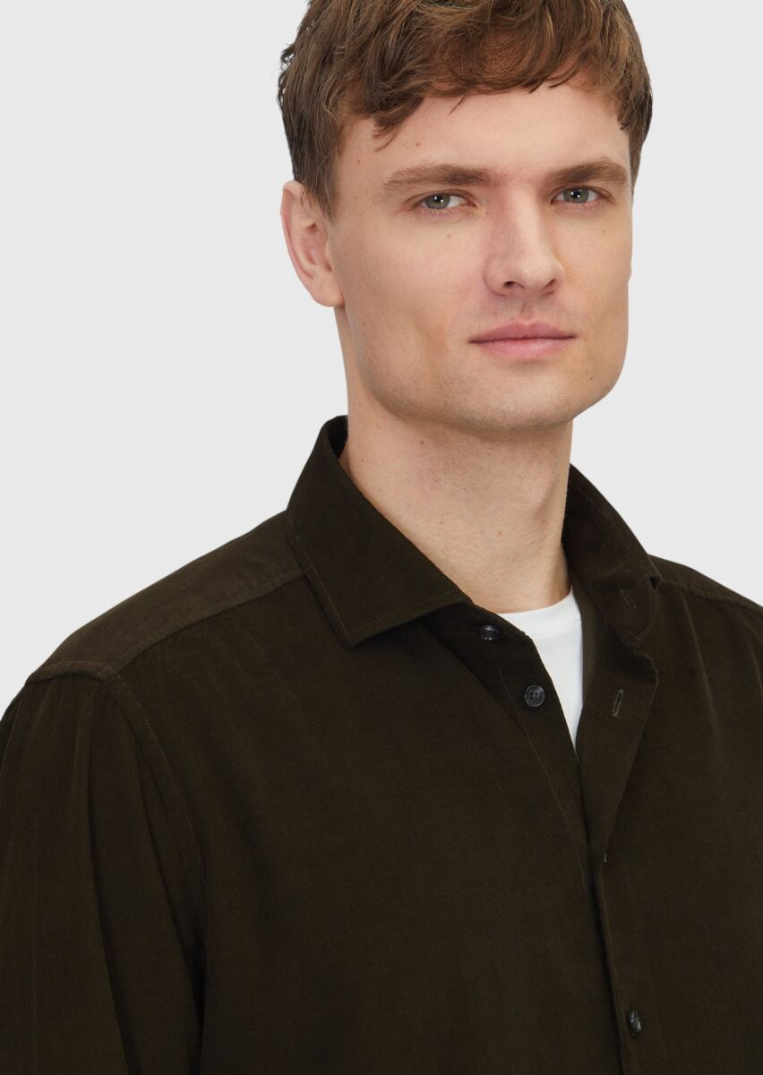 Khaki Plain Long Weaving Casual 100% Cotton Shirt - 3