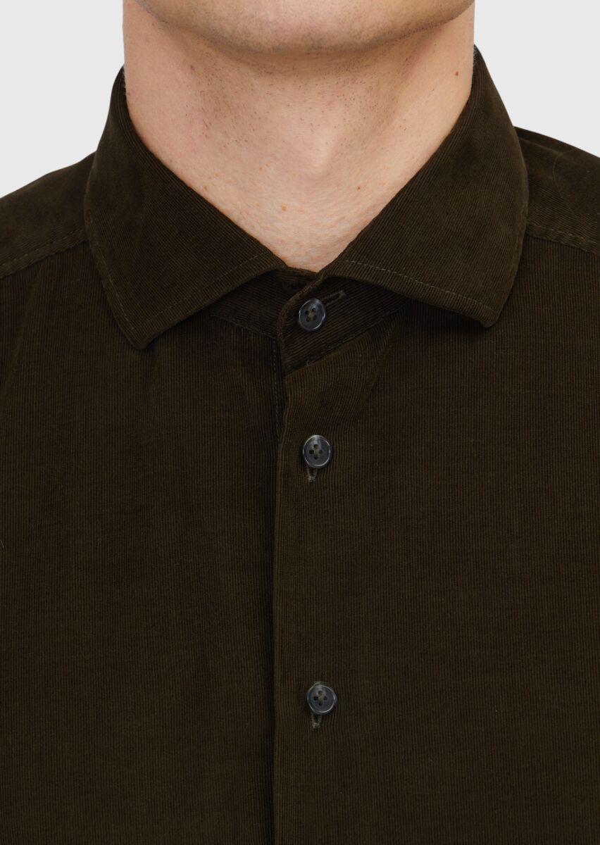 Khaki Plain Long Weaving Casual 100% Cotton Shirt - 4