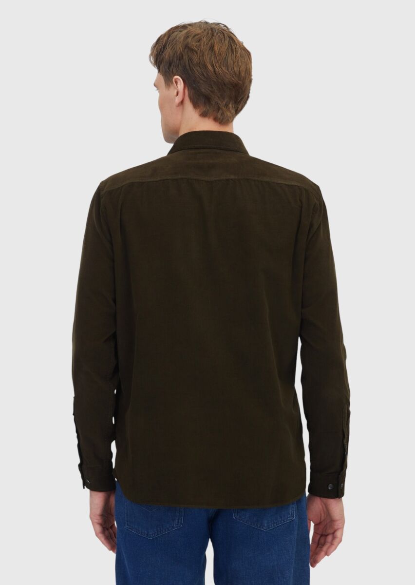 Khaki Plain Long Weaving Casual 100% Cotton Shirt - 5