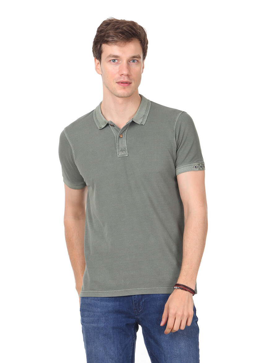 Khaki Plain Polo Neck 100% Cotton T-Shirt - 1